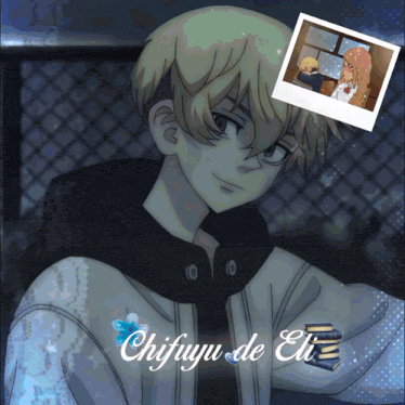 a drawing of a boy with the name chifuyu de eli on it