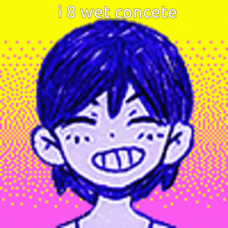 a drawing of a boy with blue hair and a yellow and pink background with the words `` i 8 wet concete '' .
