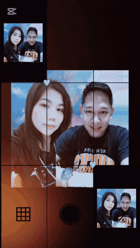 a man wearing a new york t-shirt is taking a picture of a woman