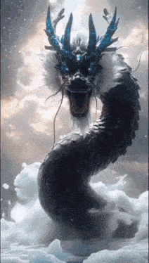 a black and white dragon with blue horns is surrounded by clouds .