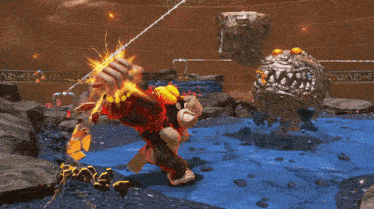a video game is being played with a giant explosion going off in the background