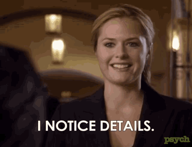 a woman says " i notice details " in front of a psycho logo