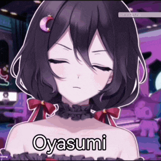 a girl with a crescent moon in her hair has the name oyasumi written on her chest