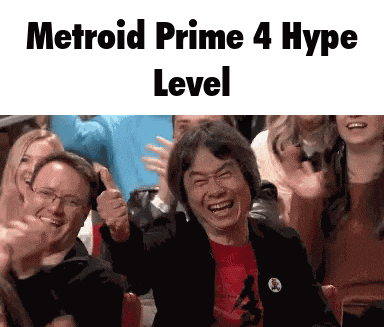 a man is giving a thumbs up in front of a group of people with the words metroid prime 4 hype level below him