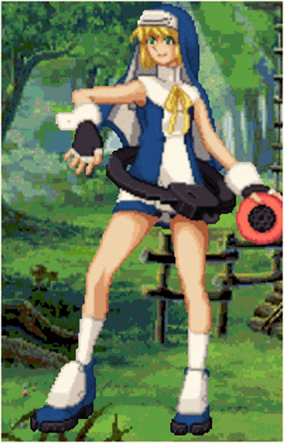 a pixel art of a girl in a blue and white outfit