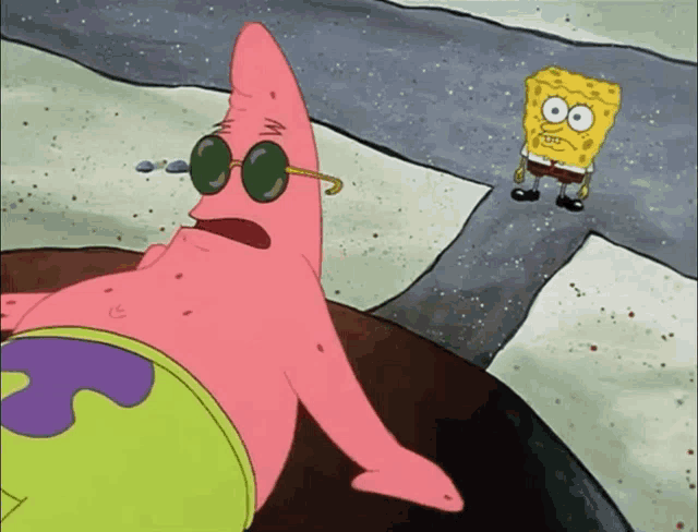 a cartoon of patrick wearing sunglasses and a yellow sponge