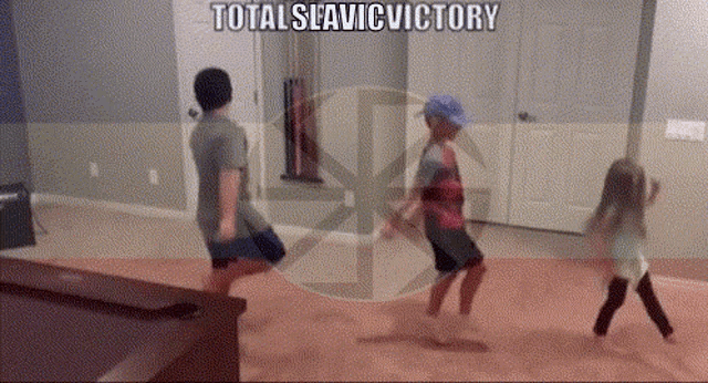 three children are jumping in a room with the words total slavic victory in the corner