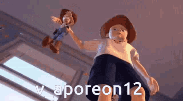 a toy story character is holding a stuffed animal in his hand and says vaporeon12 .