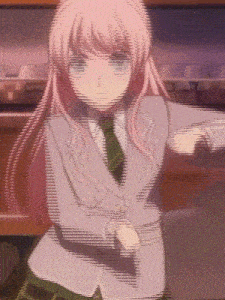 a girl with pink hair is wearing a gray suit and tie