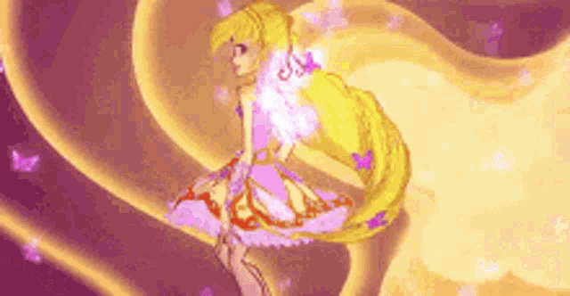 a cartoon girl in a pink dress is standing in front of a purple and yellow background .