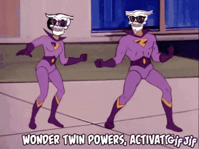 a cartoon of two skeletons dancing with the caption wonder twin powers activat gif