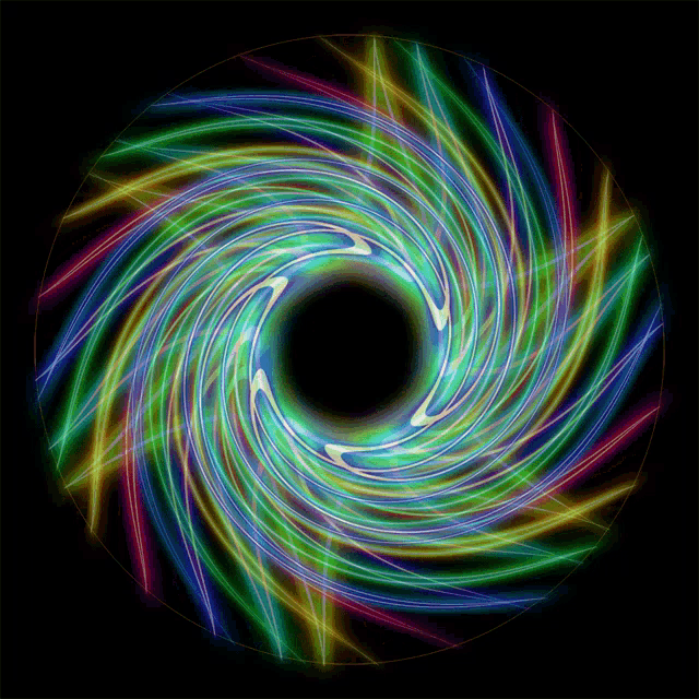 a colorful swirl with a black center on a dark background