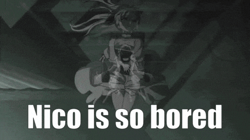 a woman is sitting in a chair with the words `` nico is so bored '' written on the bottom .