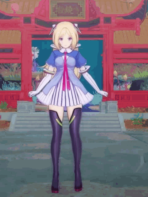 a girl in a blue dress is dancing in front of a red building with chinese writing on it