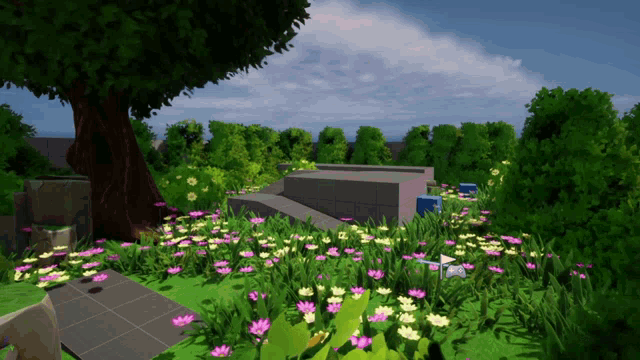 a video game scene with flowers and trees in the foreground