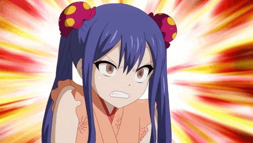 a girl with blue hair is making a very angry face