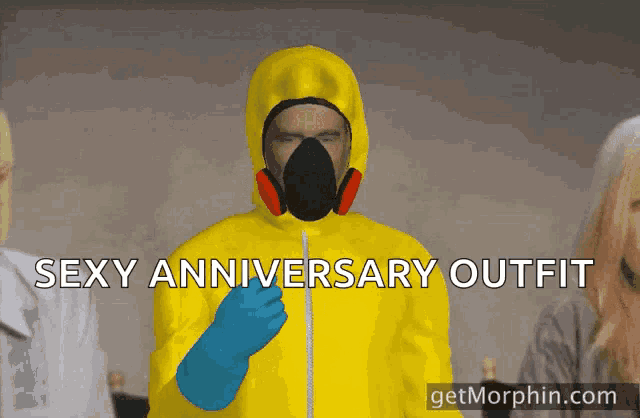 a man in a yellow suit with the words sexy anniversary outfit on it