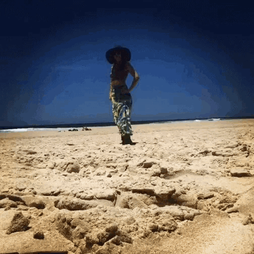 a woman in a hat stands on a beach