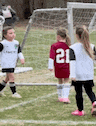a group of young children are playing soccer on a field . one of the children is wearing a number 21 jersey .