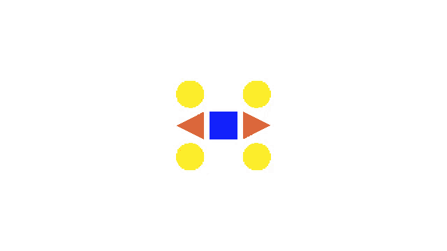 a blue square is surrounded by yellow and red circles