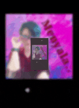 a picture of a man with blue hair is on a pink background with the words " muy olo " on it