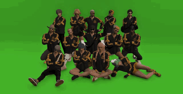 a group of people posing for a picture with one wearing a shirt that says ' jeep '