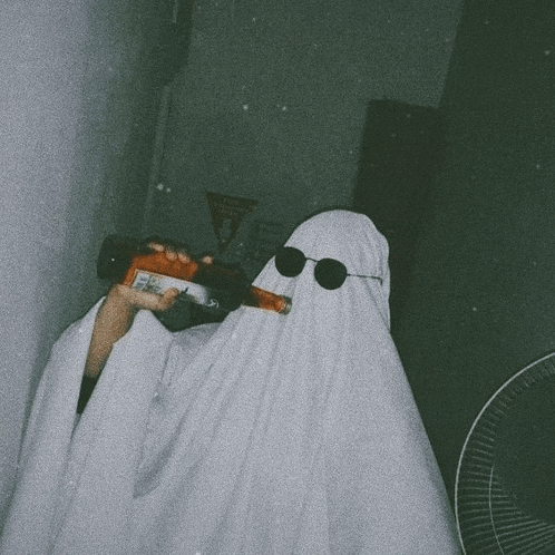 a ghost is holding a bottle of beer and another ghost is holding sunglasses