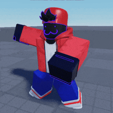 a cartoon character wearing a red jacket and blue pants is standing on a tiled floor
