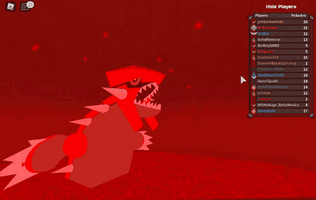 a screenshot of a video game shows a red monster and a list of players