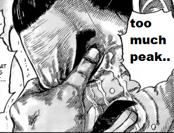 a black and white drawing of a man crying with the words too much peak above him .
