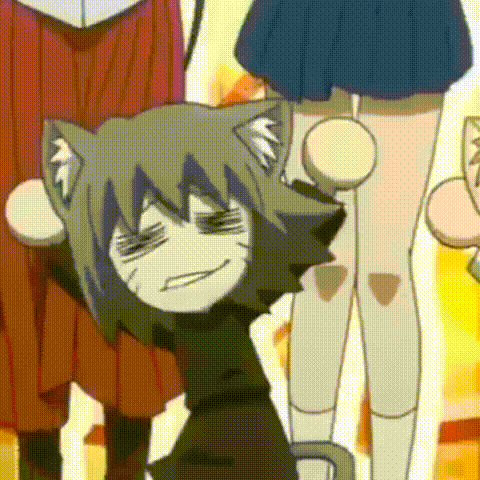 a close up of a cartoon character with cat ears standing next to a girl .