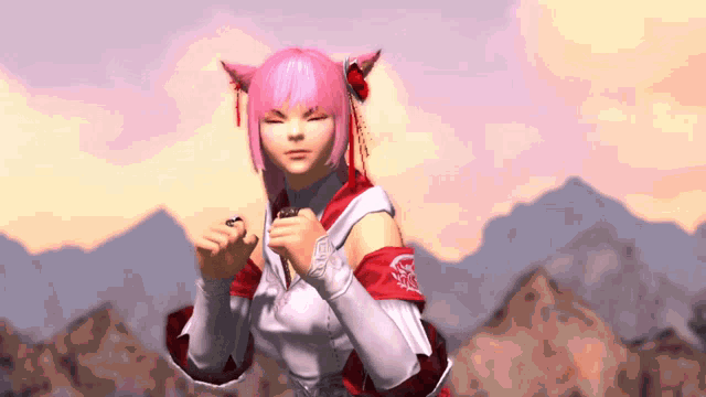 a girl with pink hair and cat ears is standing in front of mountains .