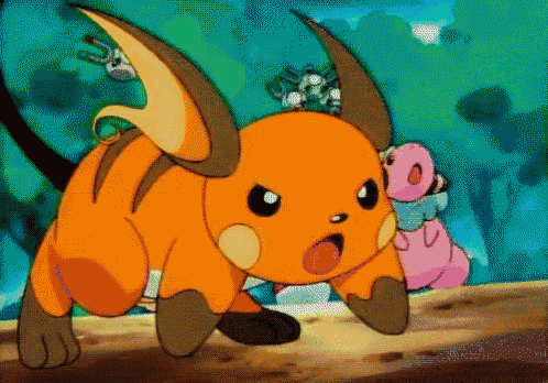 a cartoon raichu is standing on a rock with its mouth open .