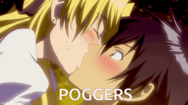 a couple of anime characters kissing with the words poggers written below them