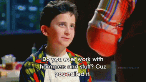a young boy in a colorful jacket says do you ever work with hammers and stuff you nailed it