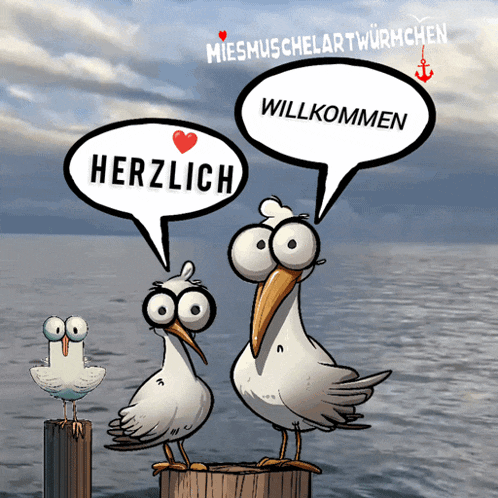 two seagulls are standing next to each other with speech bubbles that say herzlich willkommen