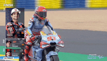 a man is riding a motorcycle with the words finish on the bottom