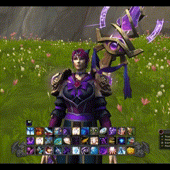 a woman in purple armor is standing in a field holding a sword