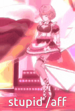 a girl in a maid outfit is dancing on a stage with the words stupid / aff written on it .