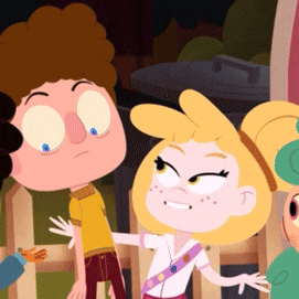 a group of cartoon characters are standing in front of a fence and talking to each other