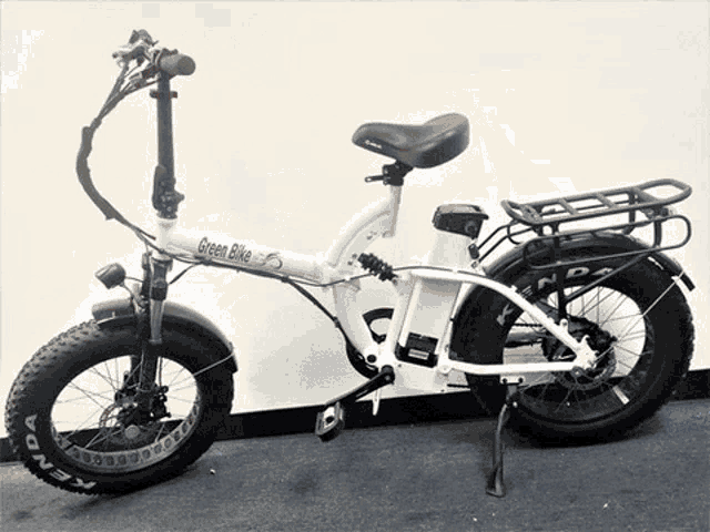 a white green bike is sitting on a carpet