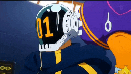 a cartoon character wearing a helmet with the number 01 on it .