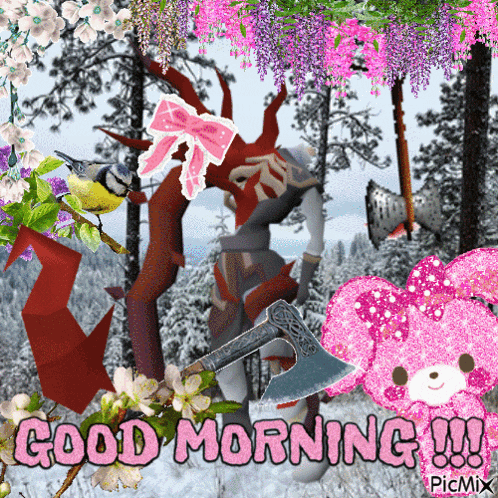 a good morning greeting card with a skeleton holding an axe and flowers