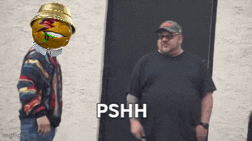 a man with a smiley face on his head stands next to another man with the word pshh written on the bottom