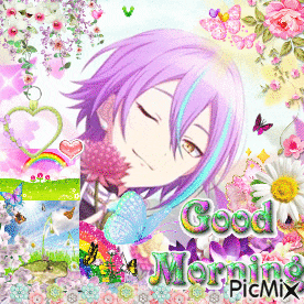 a picture of a girl with purple hair saying good morning