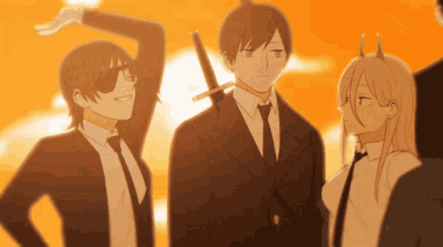 a group of anime characters are standing next to each other with one holding a sword