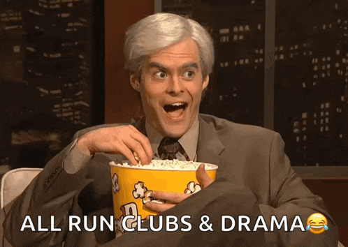 a man is holding a bucket of popcorn with the words all run clubs & drama below him