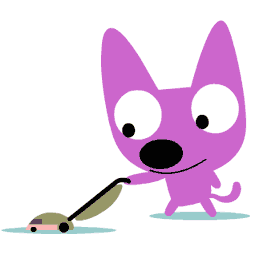 a cartoon drawing of a purple dog using a vacuum cleaner