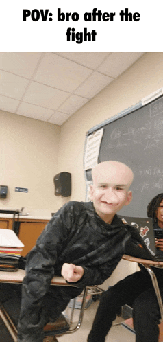 a boy with a big nose is sitting at a desk in a classroom with the caption " pov : bro after the fight "