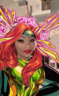 a woman with long red hair is wearing a green and orange costume